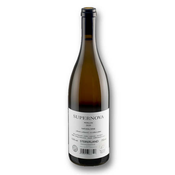 Michi Lorenz - SUPERNOVA Morillon, ein exklusiver Naturwein aus Österreich in mittlerem Goldgelb.
