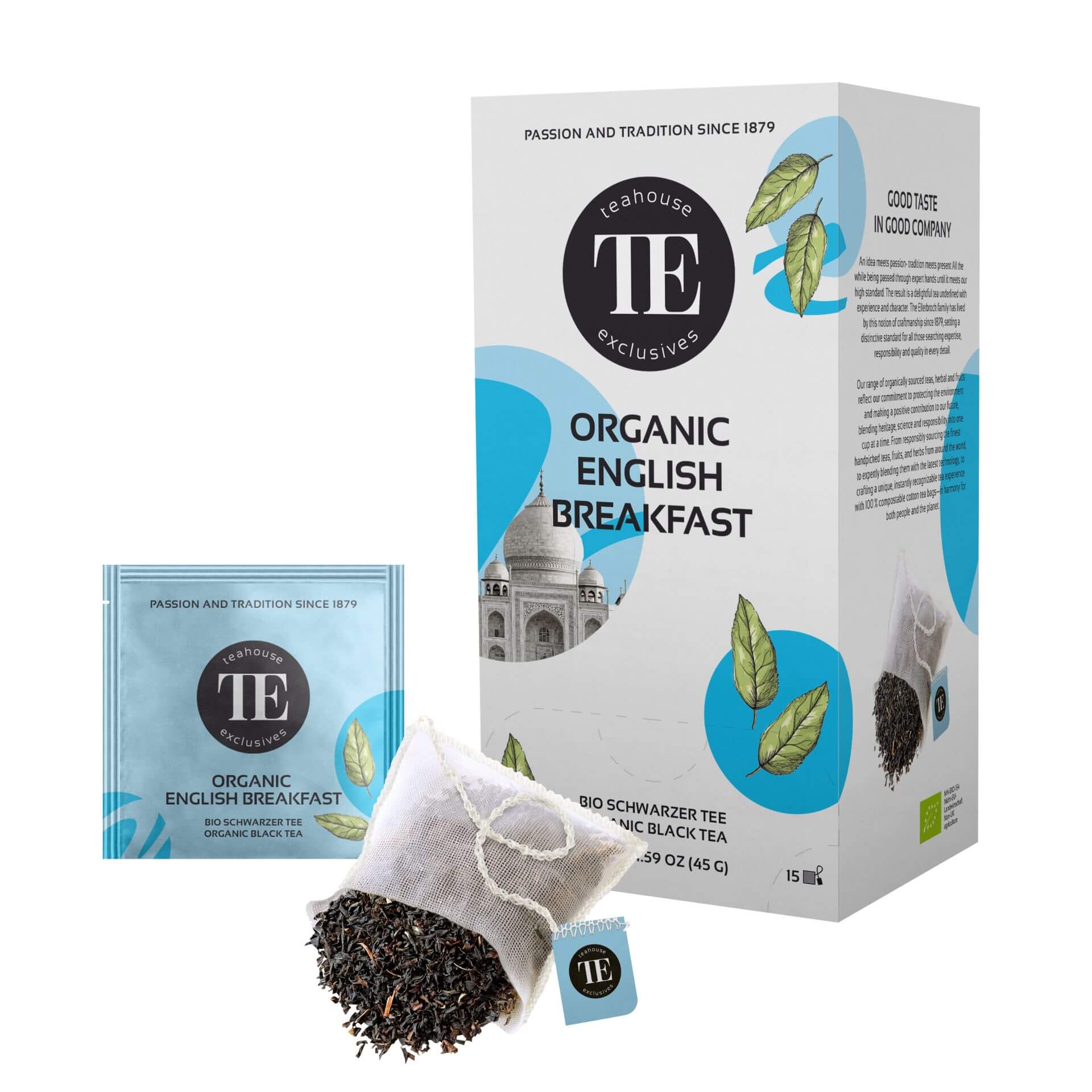 Organic English Breakfast tea box with a tea bag and loose tea leaves, embodying quality and tradition.